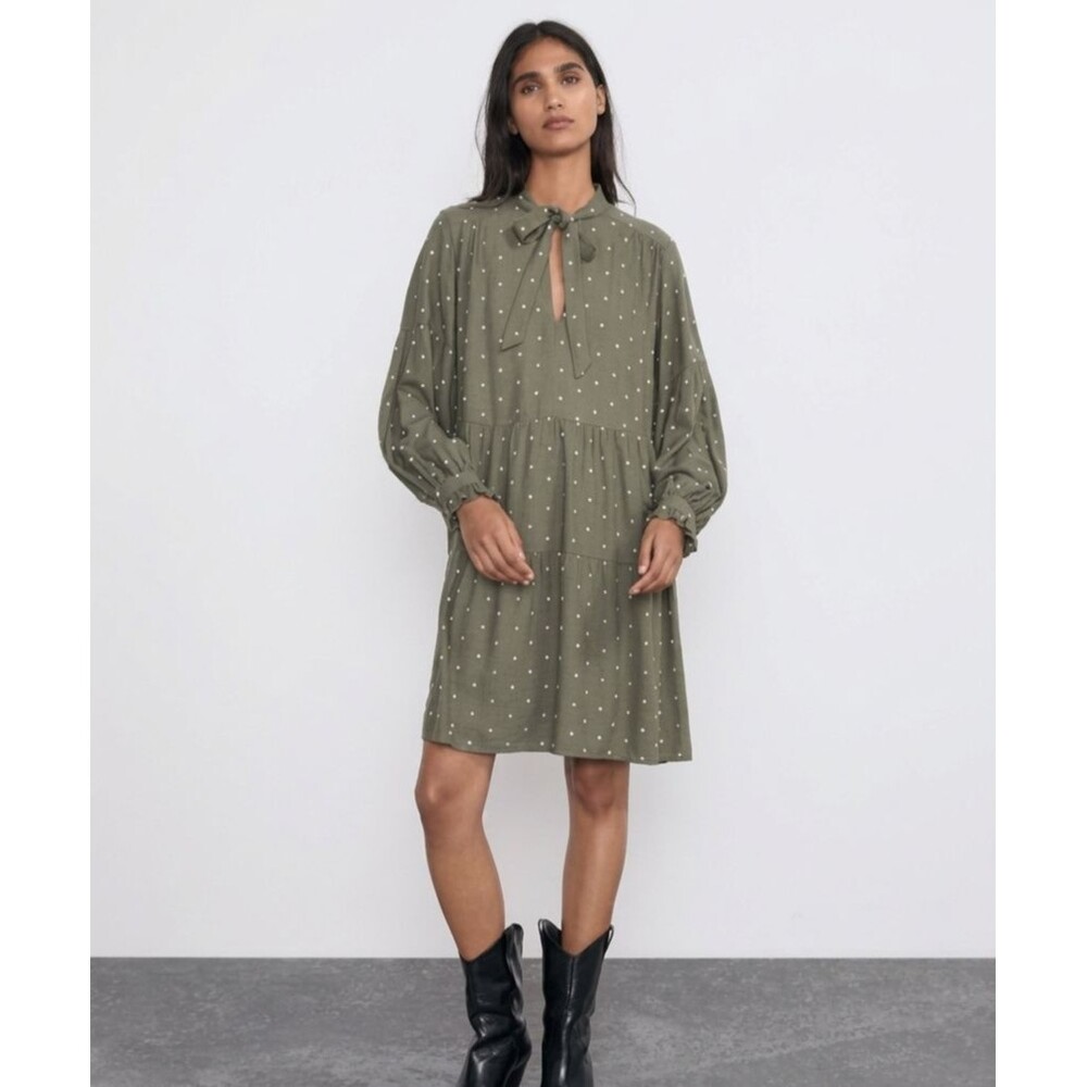 Zara Olive Green Polka Dot Midi Dress